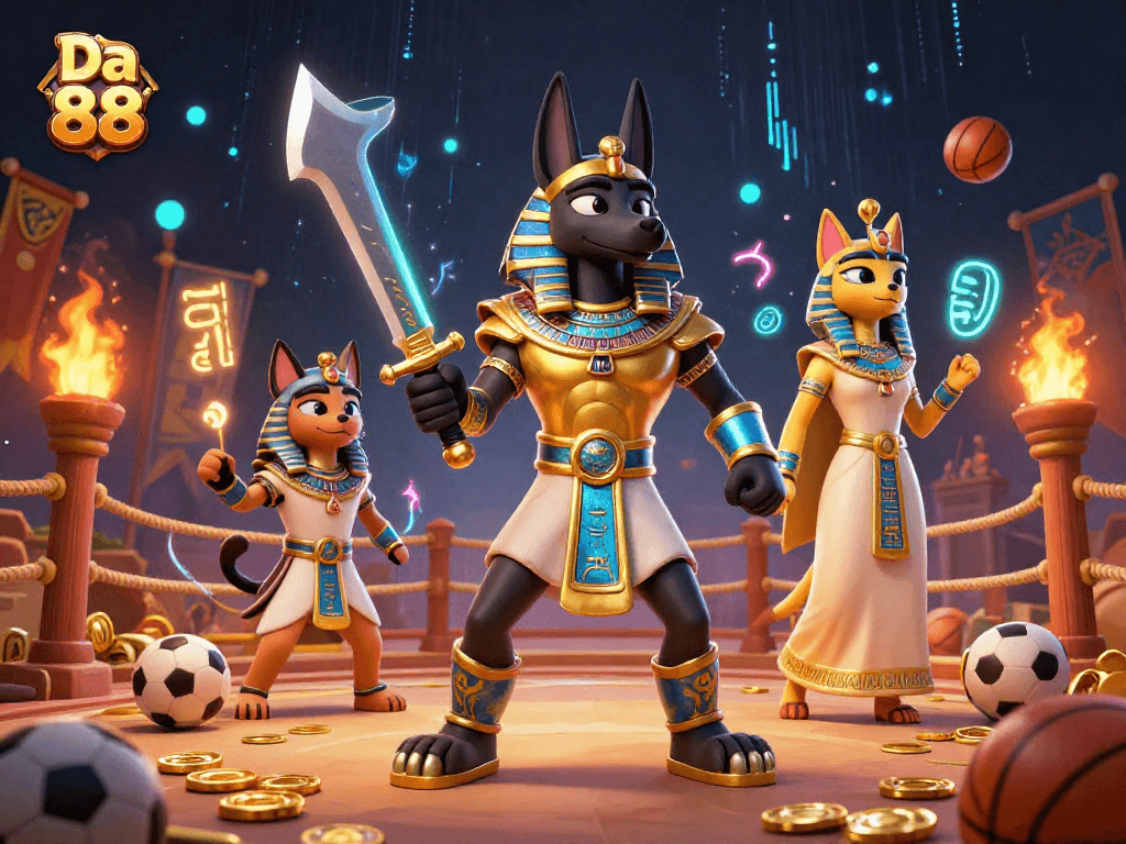 Win big with Da 88 in an action-packed betting scene featuring Anubis and vibrant casino elements.