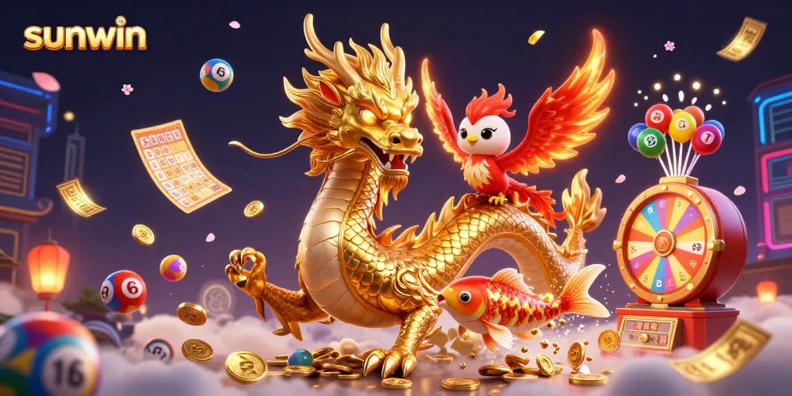 Experience sunwin's thrilling games with a vibrant dragon, phoenix, and koi fish amidst lottery elements.