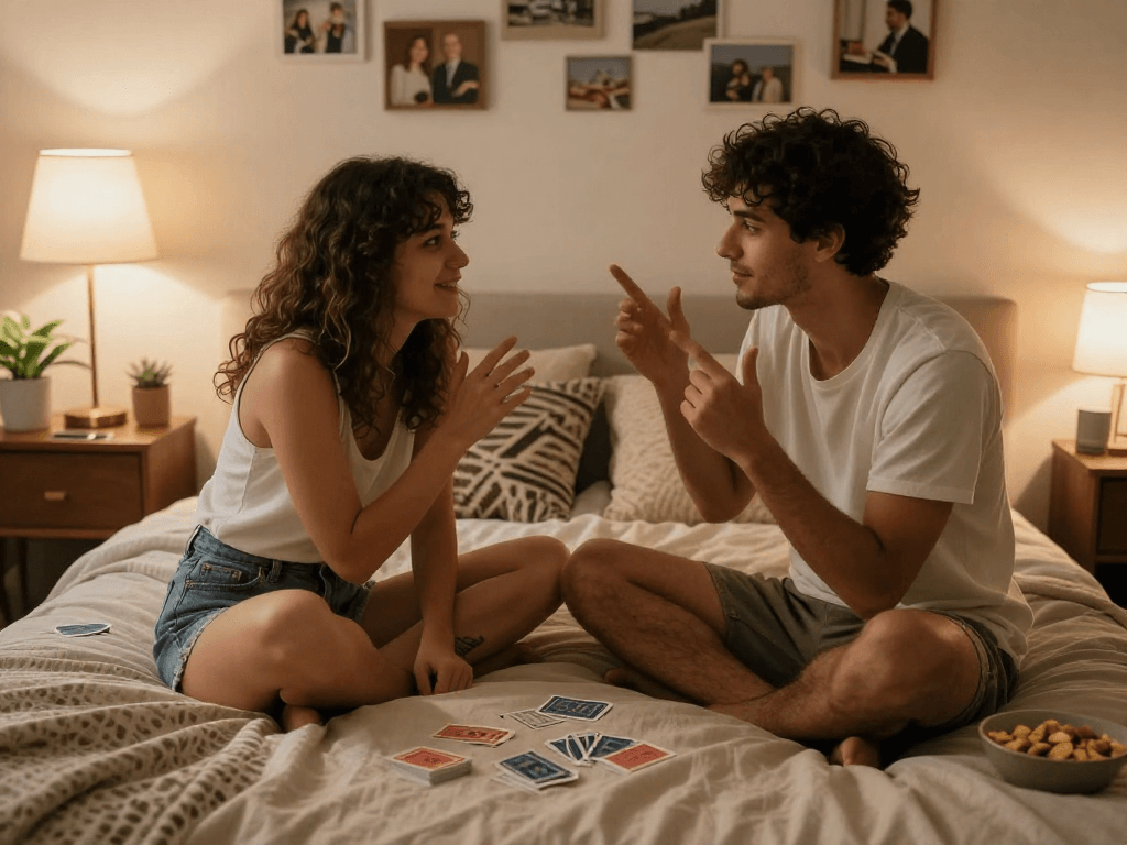 Couple enjoying playful conversation in warm bedroom, exploring ai sex themes in a cozy setting.