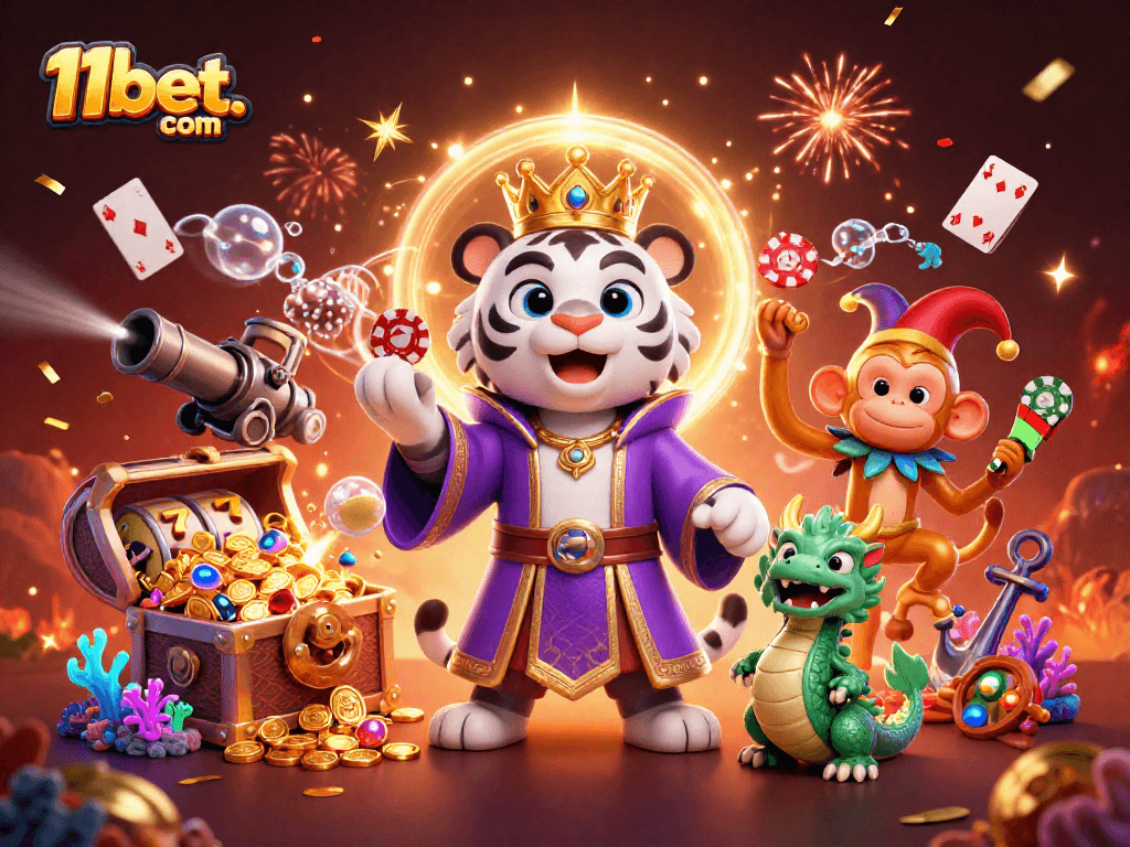 Join the excitement at 11bet. com with a majestic tiger, monkey juggling chips, and vibrant casino elements.
