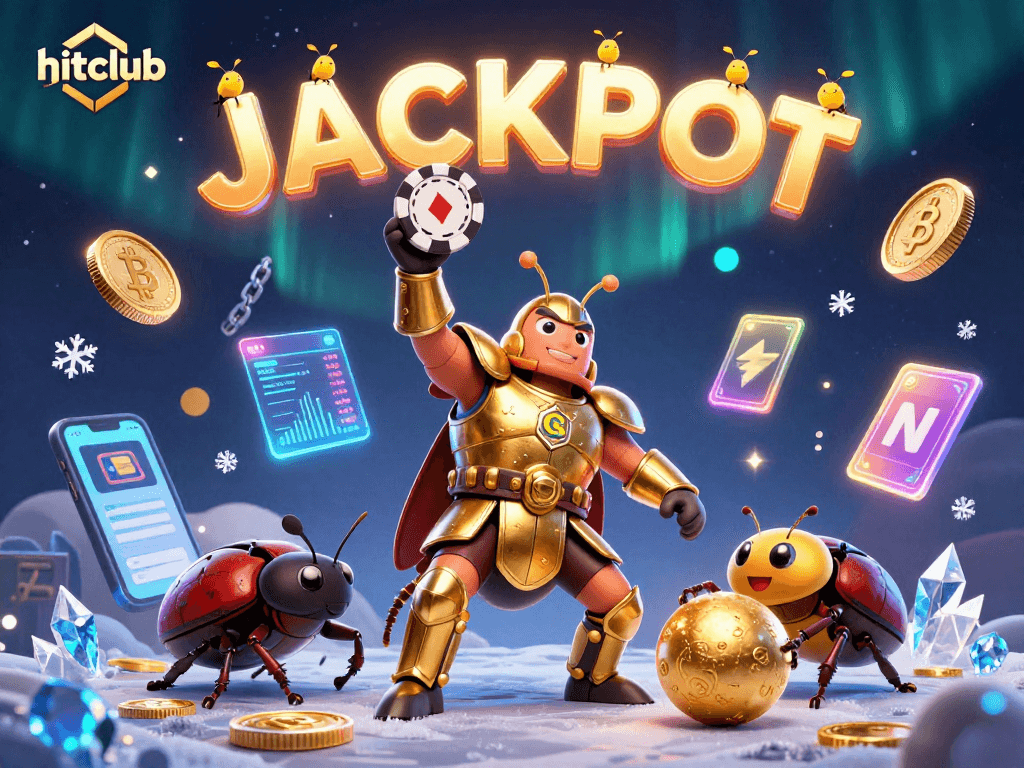 Hitclub illustration with victory-themed beetles and glowing crypto symbols celebrating casino jackpots