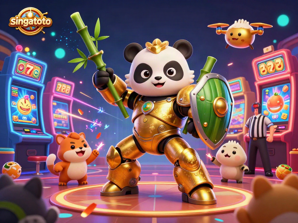 Experience excitement with singatoto's golden panda mech-suit battling in a vibrant casino.