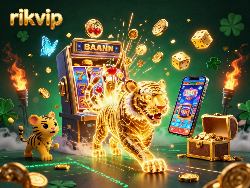 Experience thrilling wins at Rikvip casino with vibrant 3D illustrations showcasing exciting game elements.
