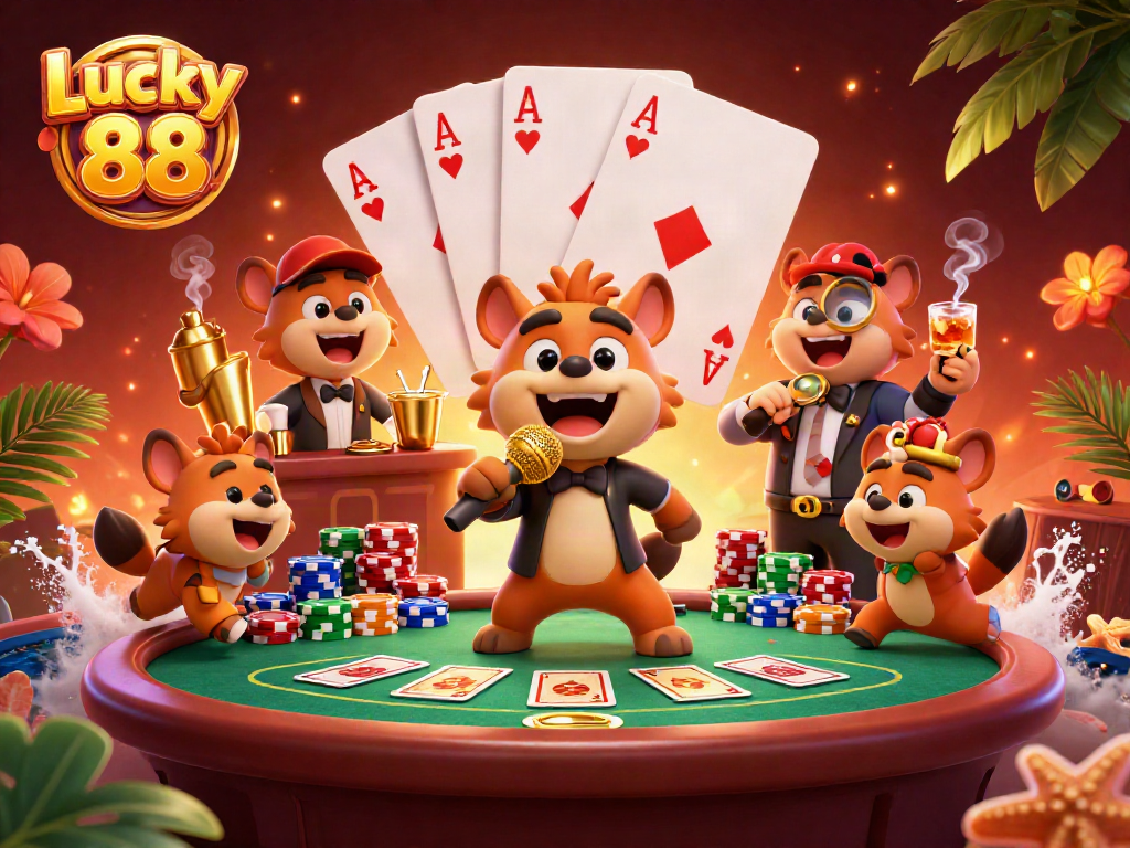 Experience Lucky 88 with hyenas in a vibrant casino scene featuring poker action.