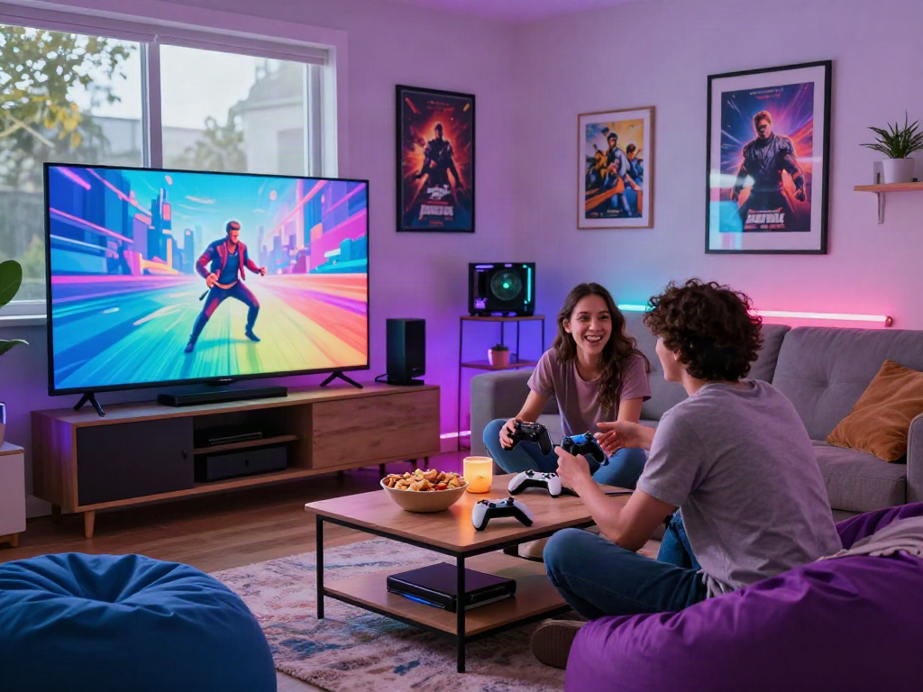 Couple enjoying an adult game in a cozy living room with colorful lighting.