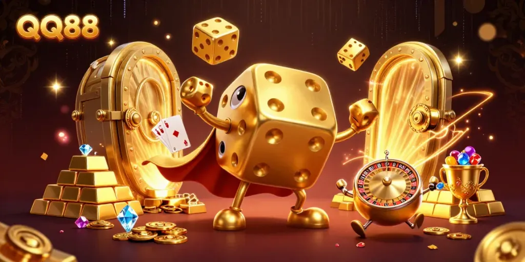 Experience the excitement of QQ88 with a vibrant 3D illustration showcasing dynamic casino characters and treasures.
