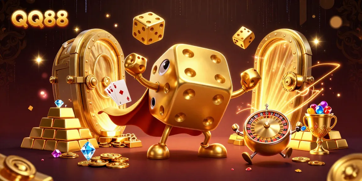 Experience the excitement of QQ88 with a vibrant 3D illustration showcasing dynamic casino characters and treasures.