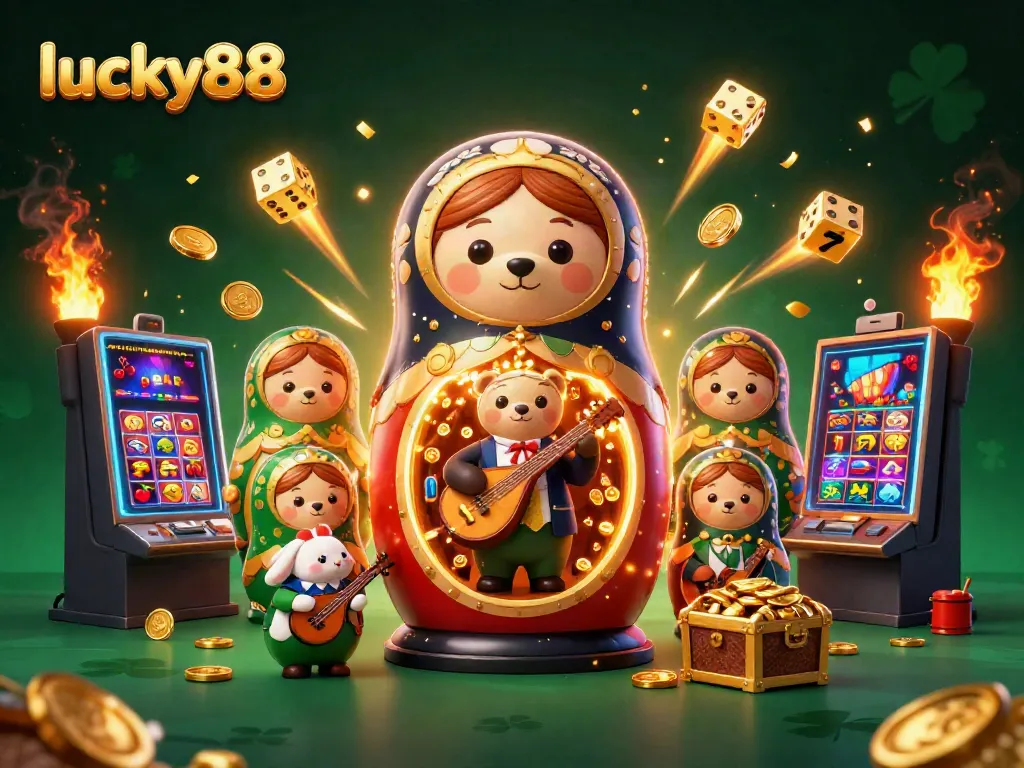 Experience the excitement of lucky88 with vibrant slot machine action and charming casino-themed characters.