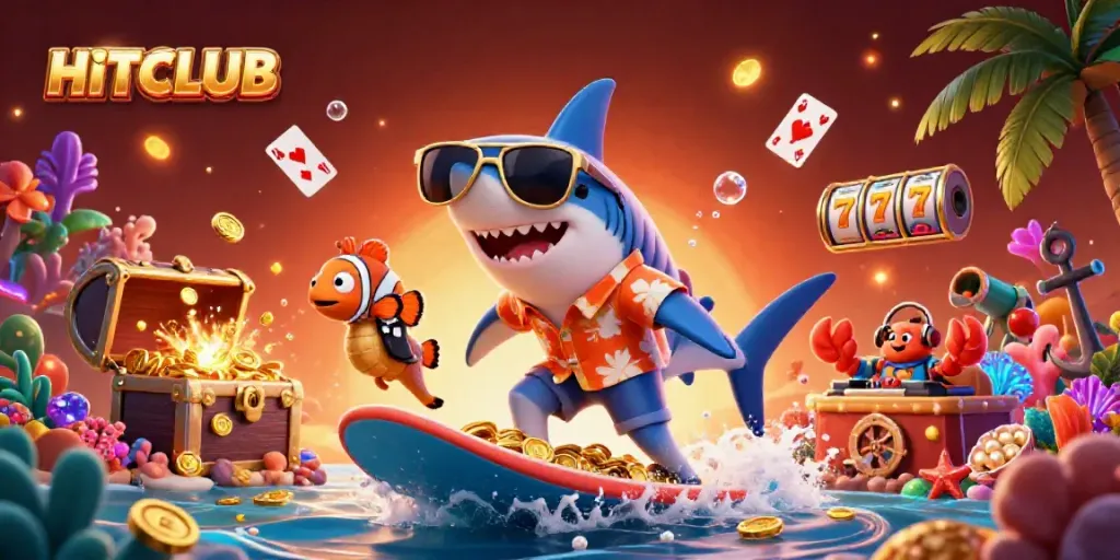 Experience HITCLUB's vibrant gaming scene with treasures and iconic characters in a dynamic 3D illustration.