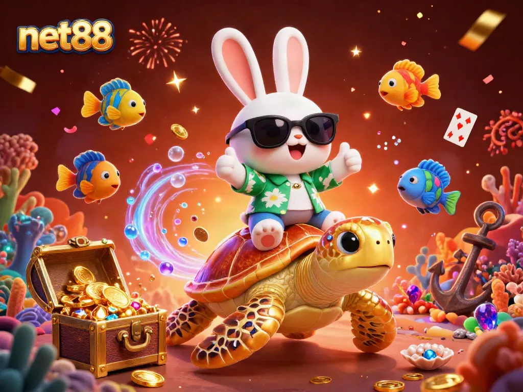 Win big with net88's vibrant casino world featuring lucky symbols and colorful characters.