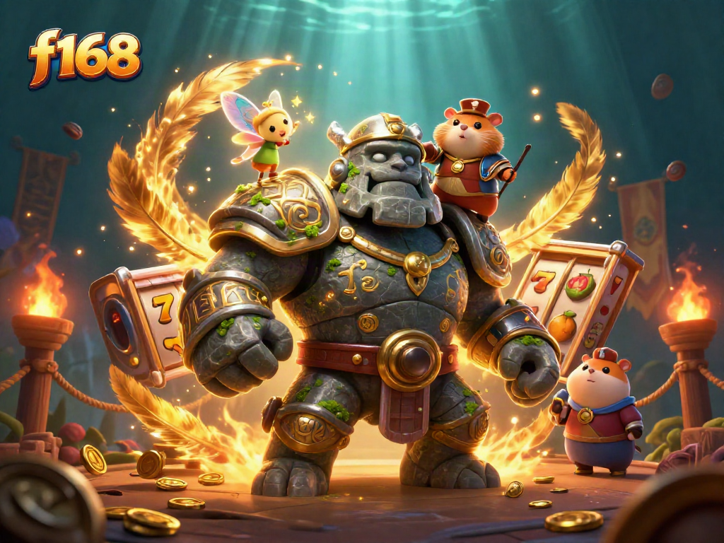 f168 showcases a thrilling slot scene with a mystical golem, fairy magic, and a hamster knight.