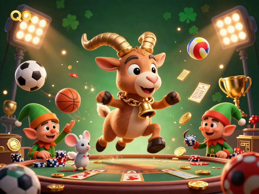 Experience the thrilling world of QQ88 with a cartoon Krampus goat and festive scenes in a vibrant casino setting.