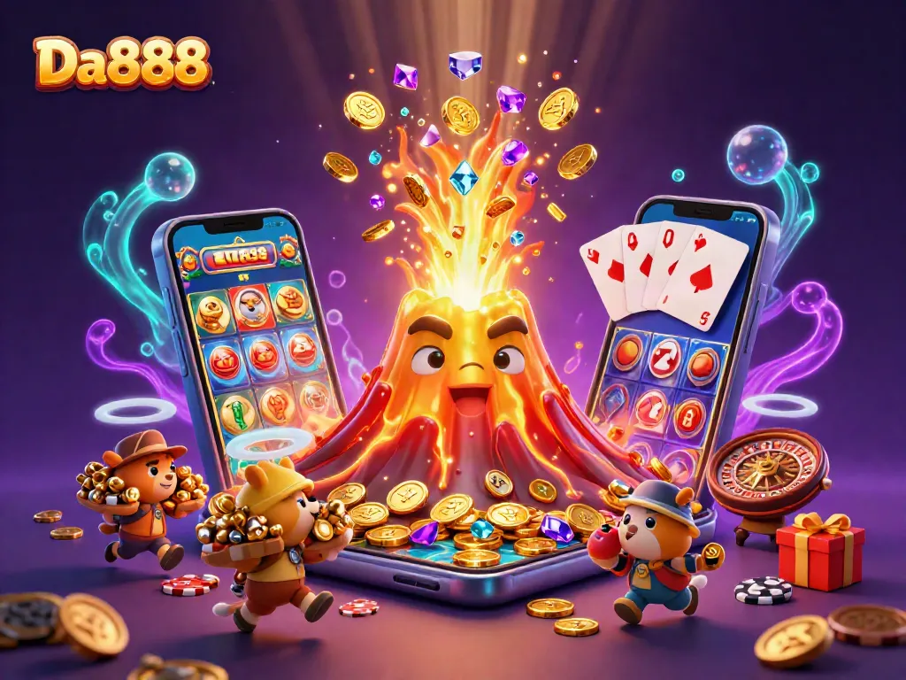 Experience the thrill at Da888 with a golden volcano erupting coins in a vibrant casino scene.
