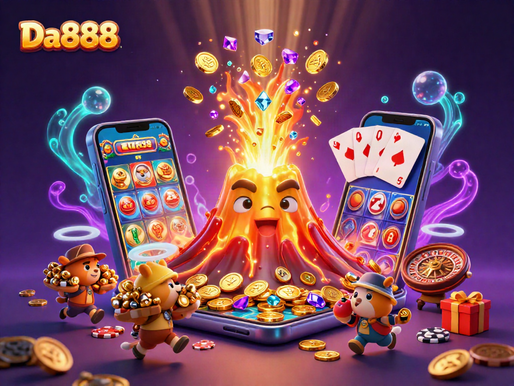 Experience the thrill at Da888 with a golden volcano erupting coins in a vibrant casino scene.
