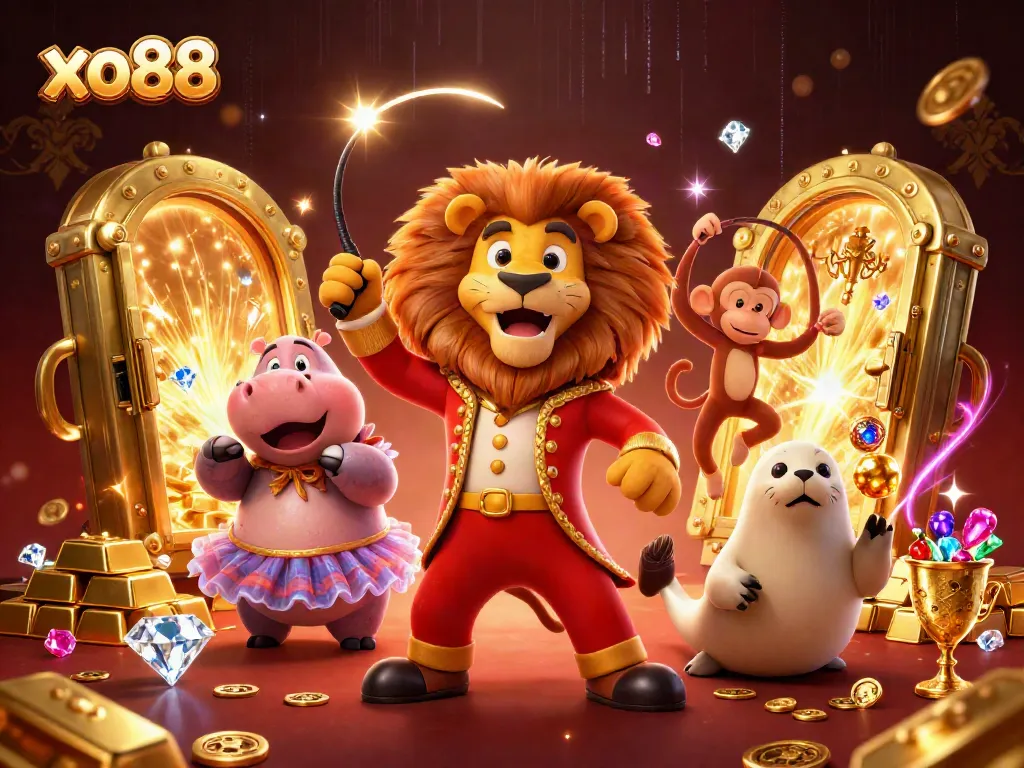 Experience thrilling action at xo88 with a vibrant circus scene featuring playful characters and golden treasures.