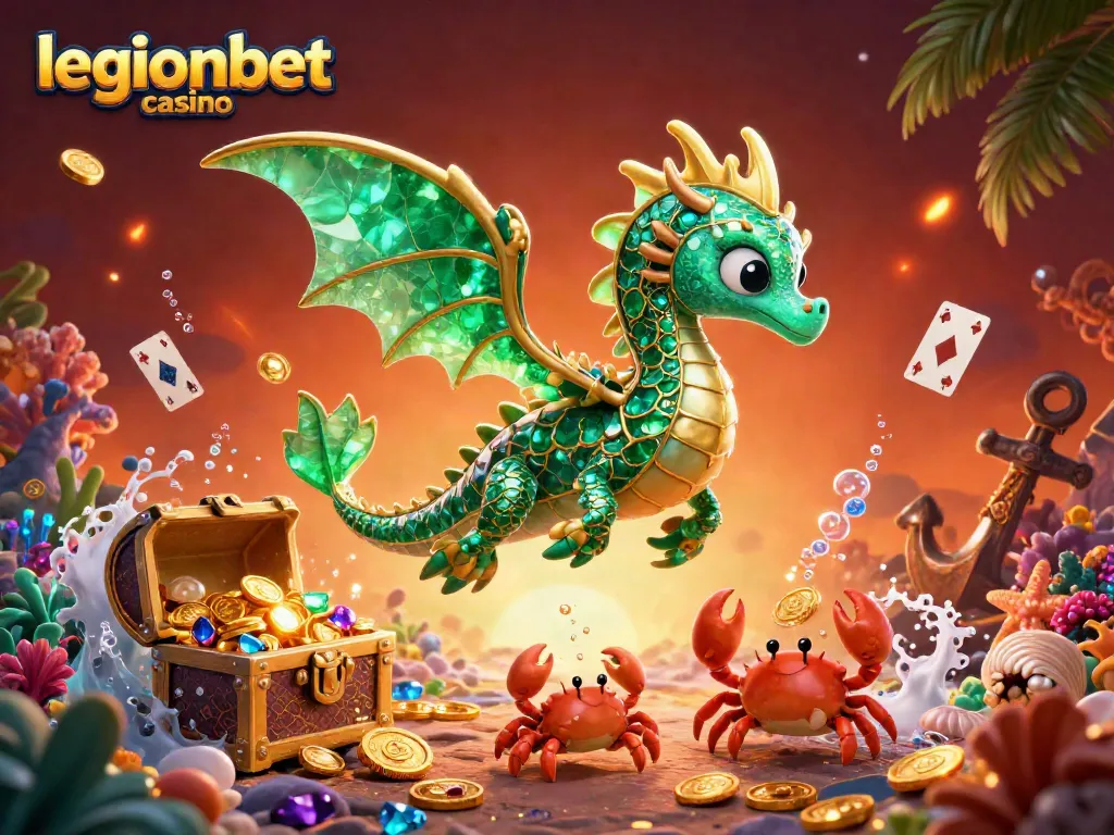 Experience the excitement of legionbet casino through this vibrant 3D sea dragon scene filled with treasure and gaming elements.