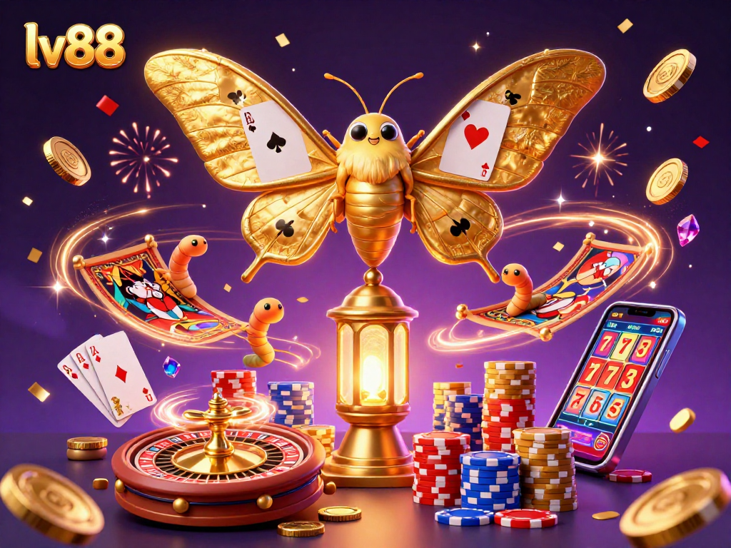 Play casino games with lv88, featuring vibrant elements like roulette wheels, card suits, and sparkling gems.