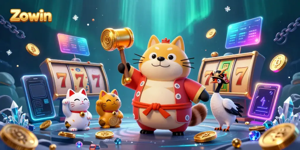 Zowin brings excitement with cheery characters and slot reels in a vibrant casino scene.