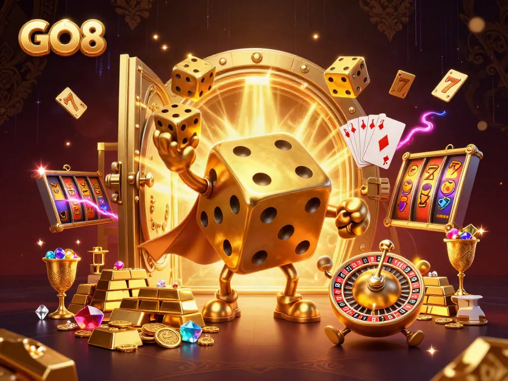 Engaging scene showcasing GO8, featuring a golden dice golem juggling dice amidst luxurious casino treasures.