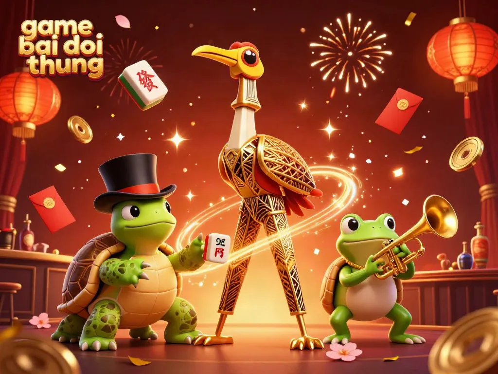 Experience the thrill of game bai doi thuong with vibrant characters and festive elements in this dynamic illustration.