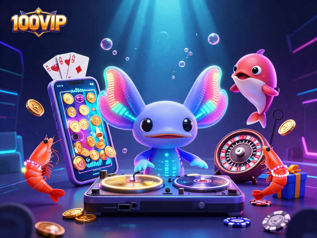 Experience thrilling gaming at 100VIP, featuring vibrant casino action with a DJ axolotl.