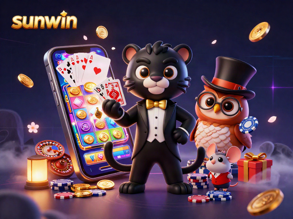 Experience thrilling excitement with sunwin in a lively casino scene featuring a stylish panther, an owl, and a lucky mouse.