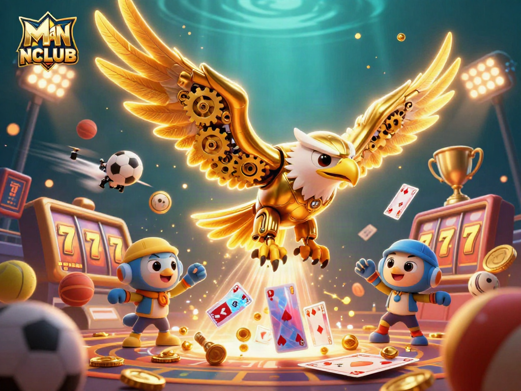 MANCLUB showcases thrilling slot action with a mechanical golden eagle amidst a vibrant casino scene.