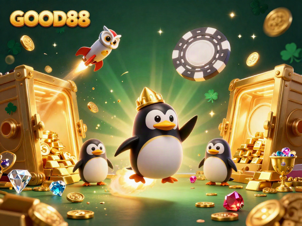 Experience the excitement of GOOD88 as the golden penguin ventures through a vibrant casino universe.