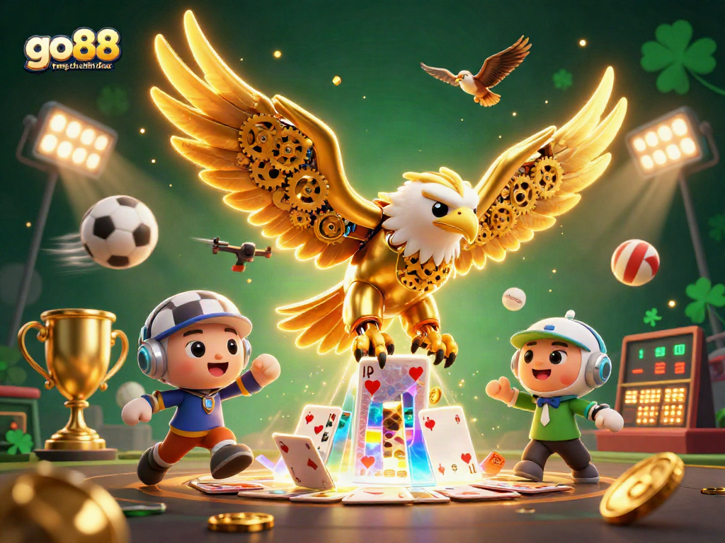 Engage in thrilling online gaming action with go88 trang chu chinh thuc featuring a dynamic 3D cybernetic eagle amidst sports elements.