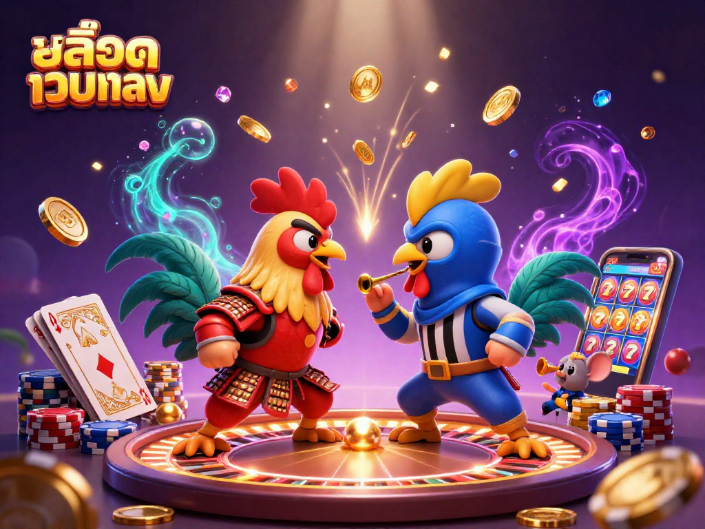 Engage in thrilling fights with สล็อตเว็บตรง while enjoying a vibrant 3D battle scene with roosters.