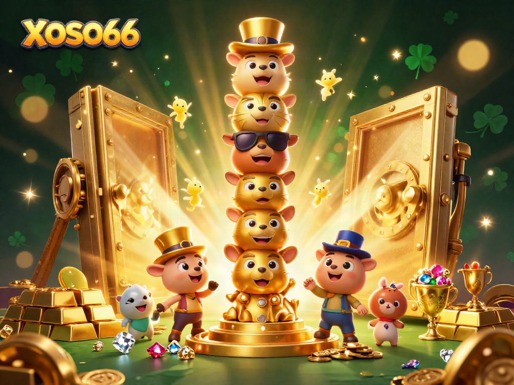 XOSO66 showcases a vibrant 3D casino illustration featuring a golden totem pole and treasure elements.