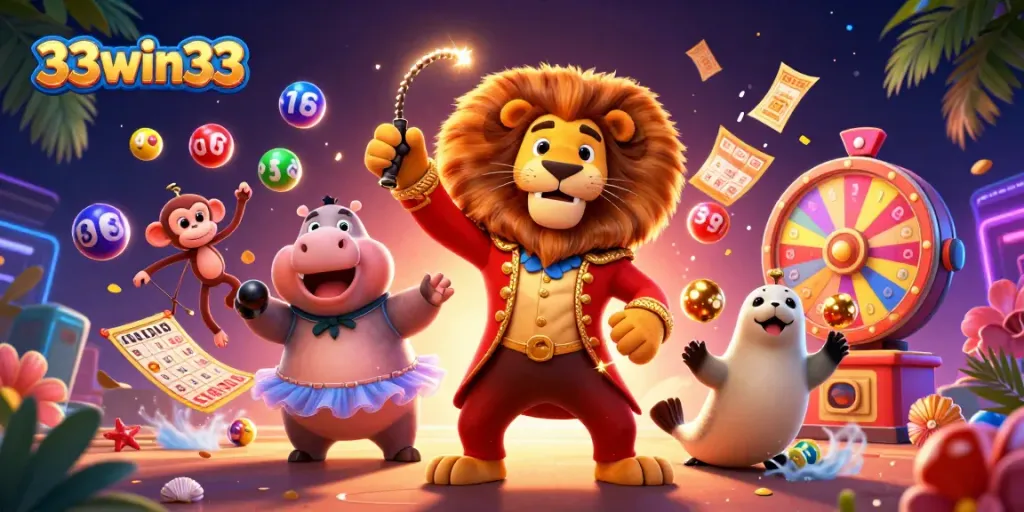 Engage with 33win33 in a vibrant gaming scene filled with thrilling lottery elements and circus characters.