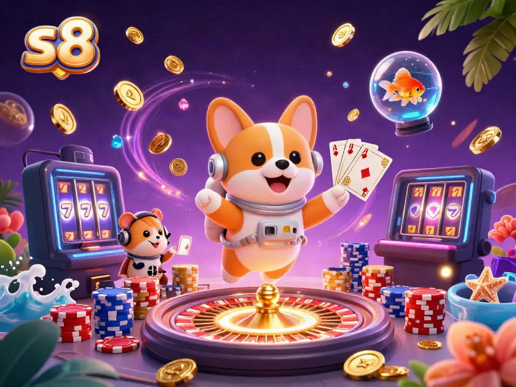 Experience the excitement of s8 with a floating astronaut corgi in a vibrant casino atmosphere.
