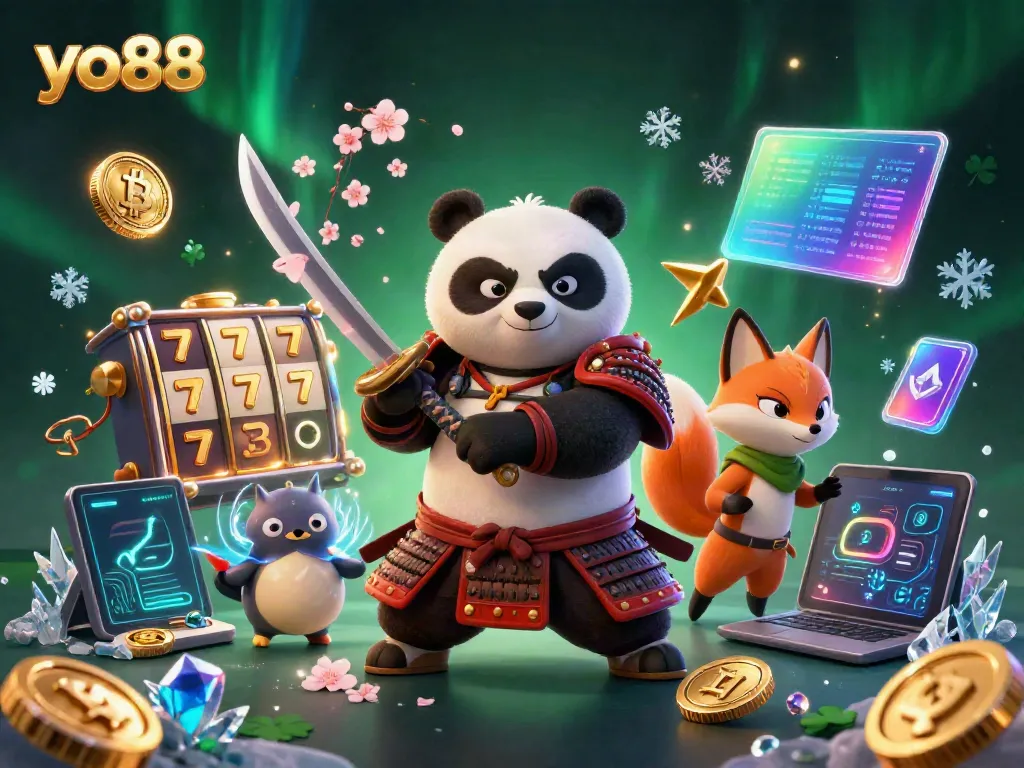 Experience thrilling gaming at yo88 with dynamic samurai panda and ninja fox amidst neon coins and slot reels.