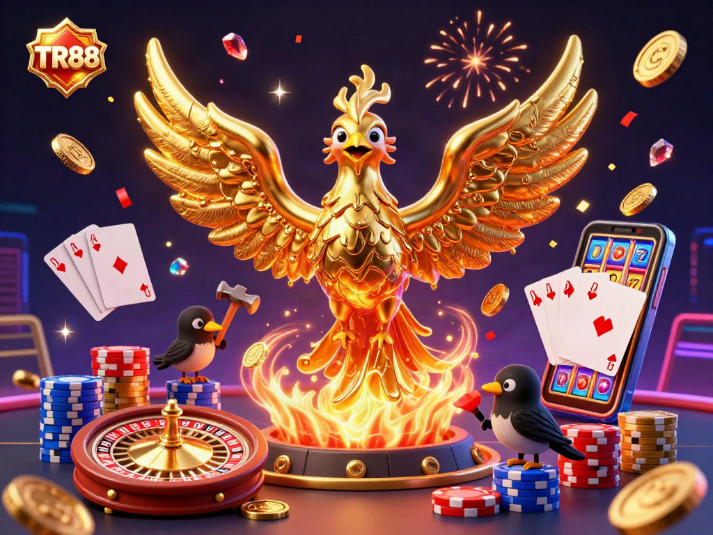Experience TR88's thrilling casino atmosphere with a molten phoenix emerging, surrounded by golden coins and exciting game elements.