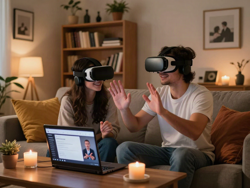 Couple experiencing ai sex through virtual reality in a cozy living room.