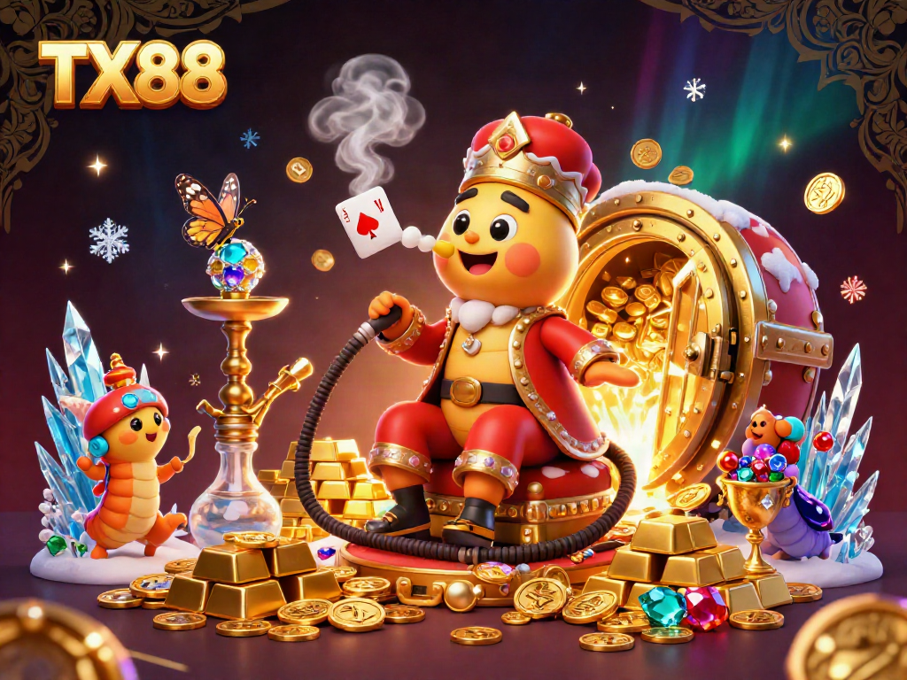 Immerse in the enchanting world of TX88, where a whimsical caterpillar spins poker hand symbols amidst sparkling treasures.