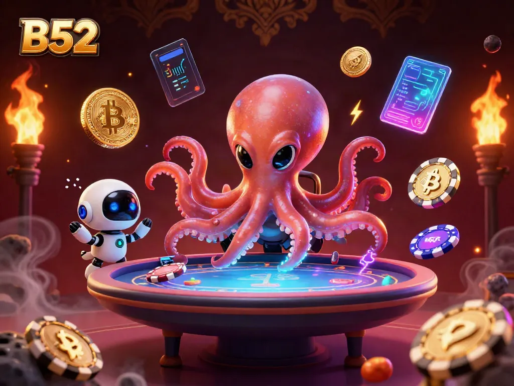 Engaging scene of B52 casino with an octopus dealing poker, surrounded by digital crypto elements.