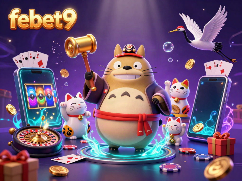 Experience the excitement of febet9 with a dynamic 3D casino scene featuring a lucky tanuki and vibrant games.