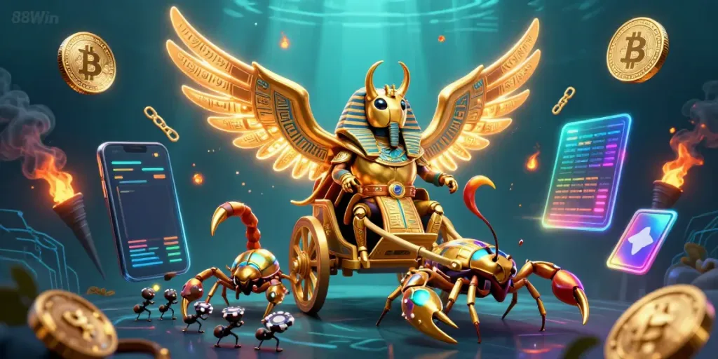 Engage with 88Win's thrilling casino world through vibrant 3D illustration featuring a colossal golden scarab.