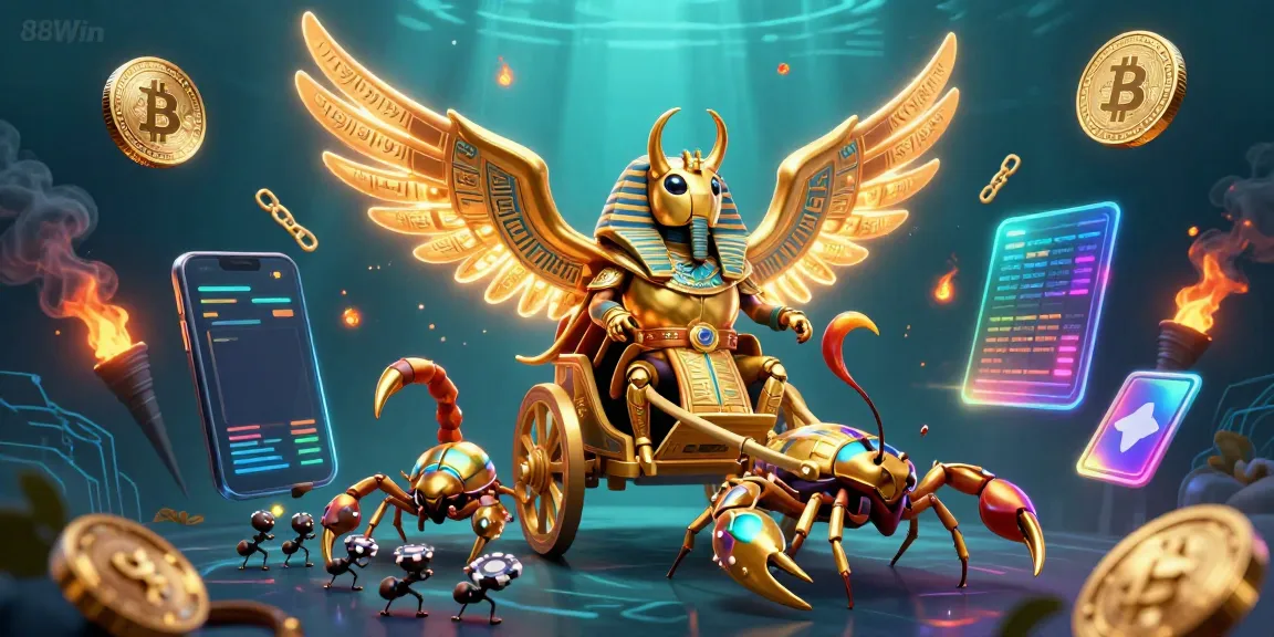 Engage with 88Win's thrilling casino world through vibrant 3D illustration featuring a colossal golden scarab.