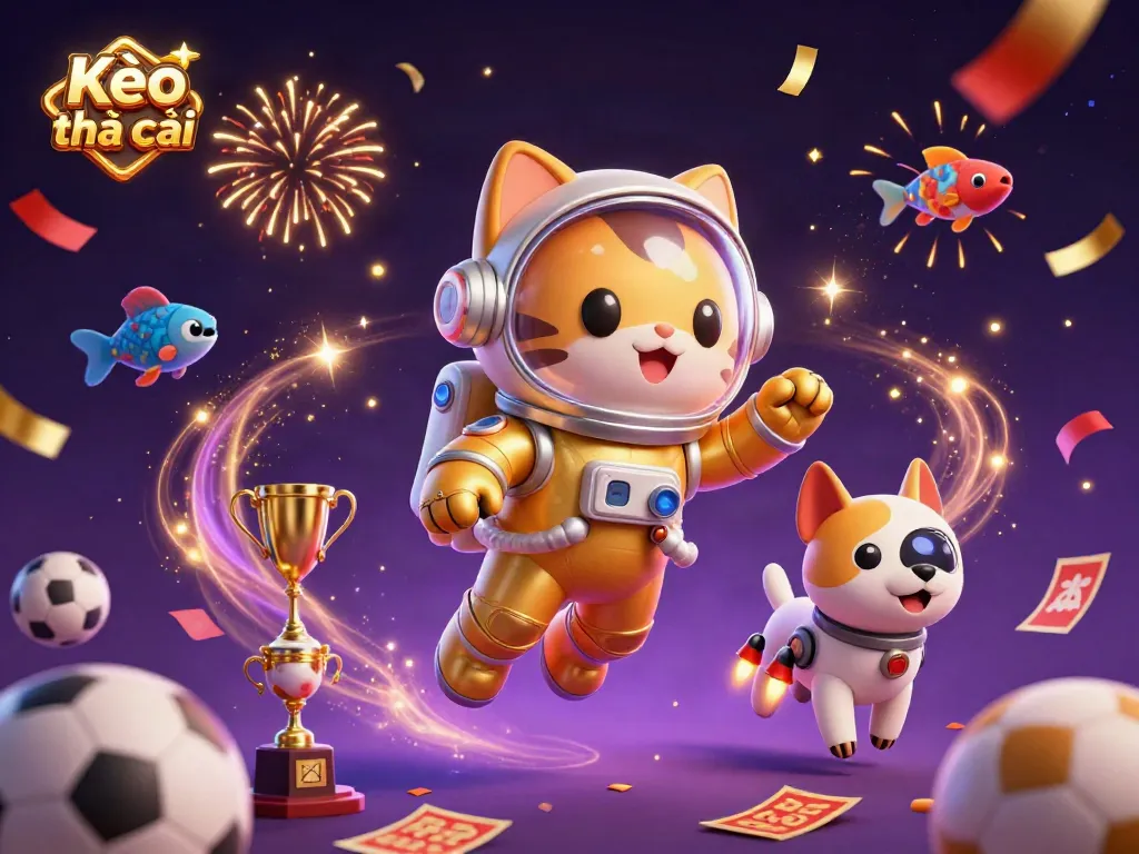 Kèo nhà cái showcases vibrant sports betting elements with a cartoon astronaut cat and robot dog amidst energetic celebrations.