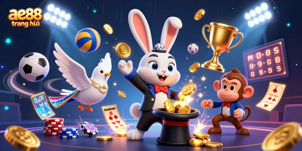 Bet on fun at ae88 trang chủ as a magician rabbit conjures coins and sports excitement.