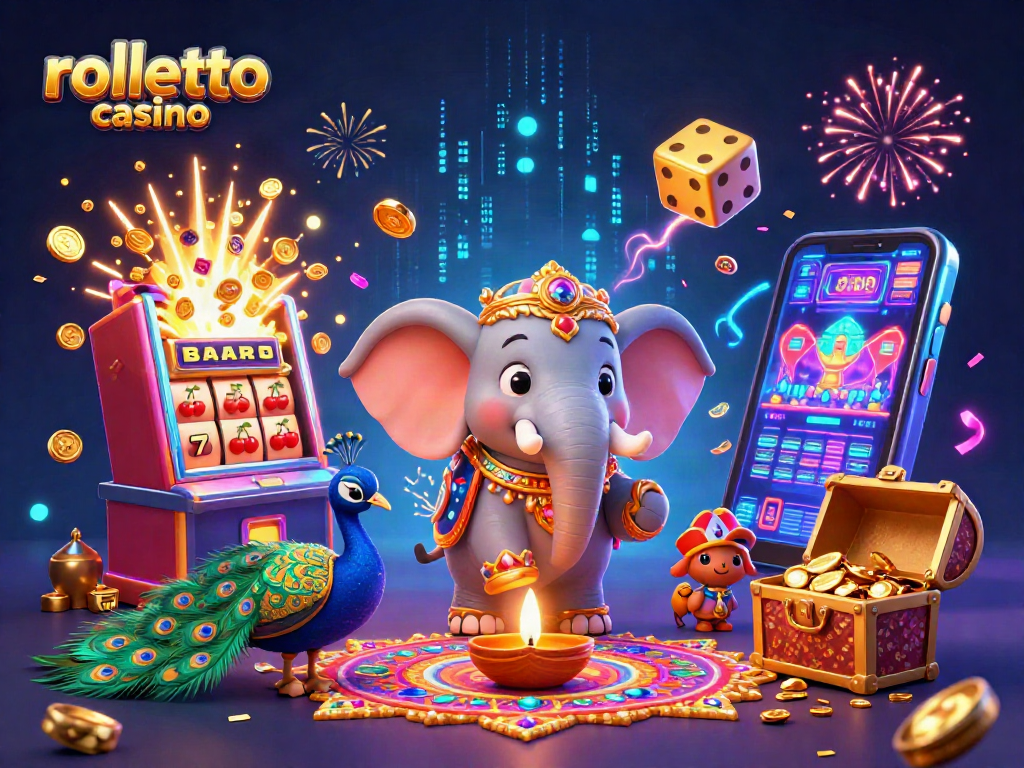 Experience win excitement at Rolletto Casino with vibrant decorations and dynamic gaming scene.