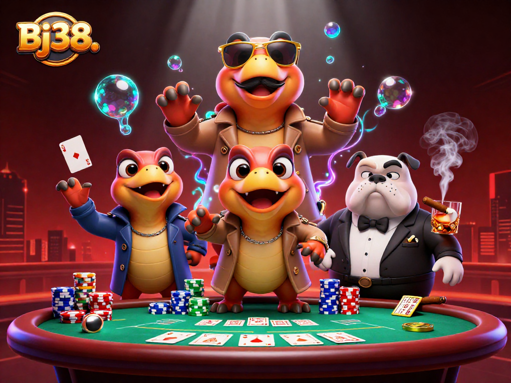 Experience the thrill of poker at Bj38. Join the action with cartoon raptors sneaking into a casino.