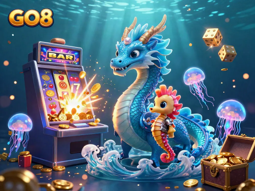 Engage with the GO8 casino world where a vibrant dragon shares its luck amidst dynamic slot game action.