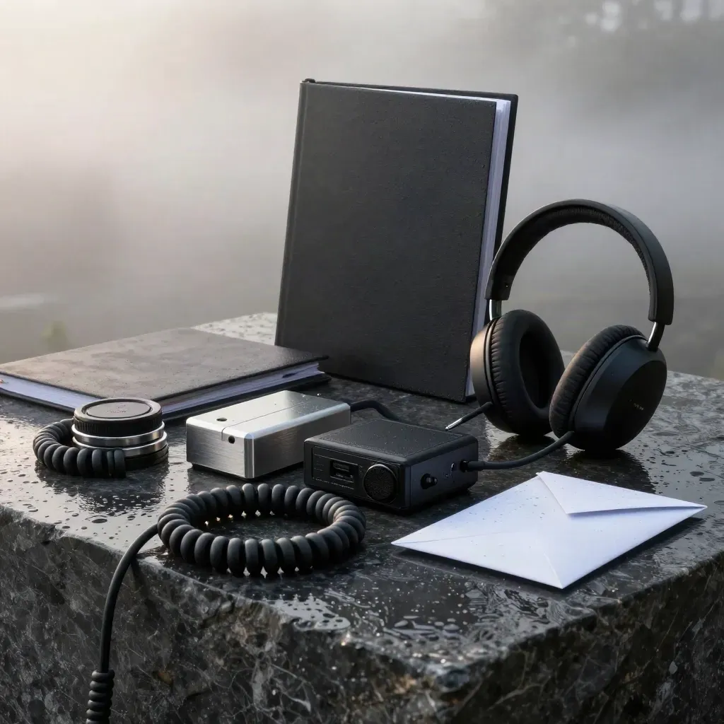 Film kit on wet stone with radios, cables, binder, and dispatch envelope in moody dawn light