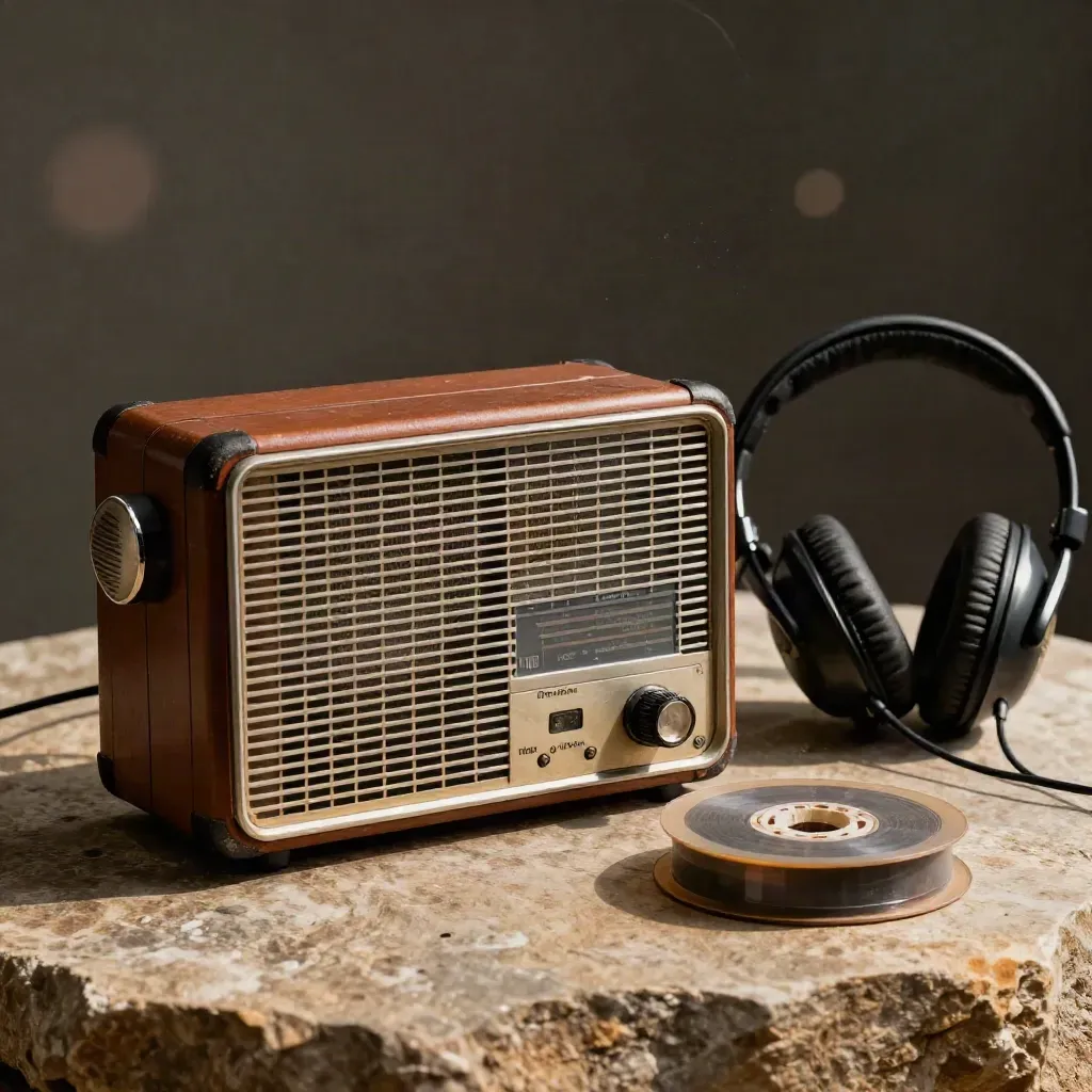 Weathered producer radio, battery brick, folded headset and tape roll on warm stone under amber light