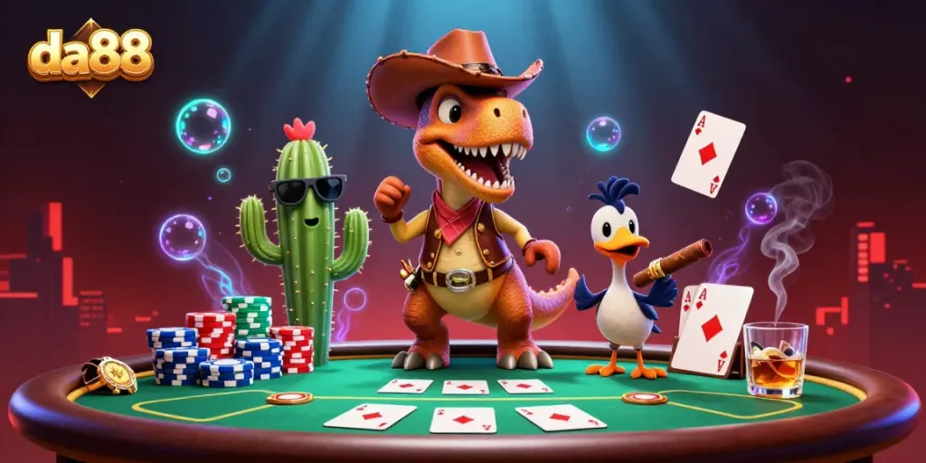 Engage in thrilling poker action with da88, featuring a T-Rex, cactus sidekick, and roadrunner amidst vibrant casino elements.