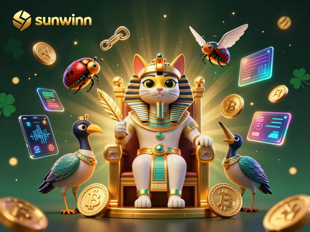 Engage in thrilling gameplay at sunwinn with vibrant casino themes featuring a pharaoh cat and crypto elements.